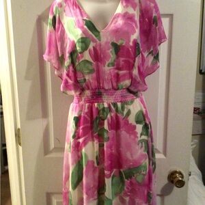 DKNY Pink and Green Floral Midi Dress